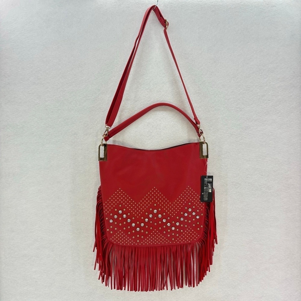 LaTique Red Studded Fringe Hobo Bag Vegan Leather Boho Western Festival Cowgirl - Picture 2 of 13